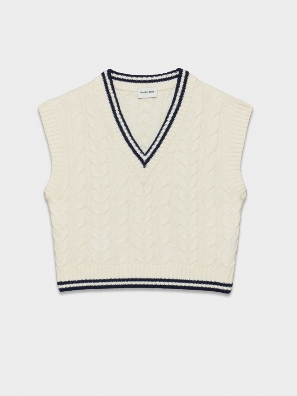 Sunday Best Cream Cable-Knit V-Neck Sweater Vest with Navy Trim